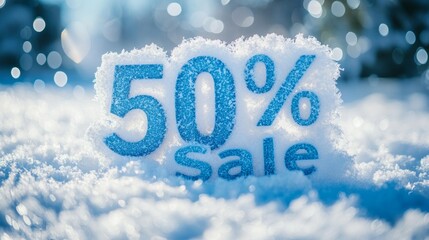 50 off winter sale text made of snow on fluffy, detailed white snow with bokeh, isolated.