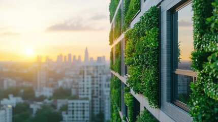 Modern building wall covered with greenery at sunset in a city skyline.