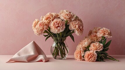Design concept of Mother's day holiday greeting design with carnation bouquet on pastel pink table background