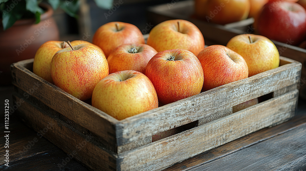 Poster freshly harvested apples arranged in wooden crates on a rustic table in a cozy market setting. gener