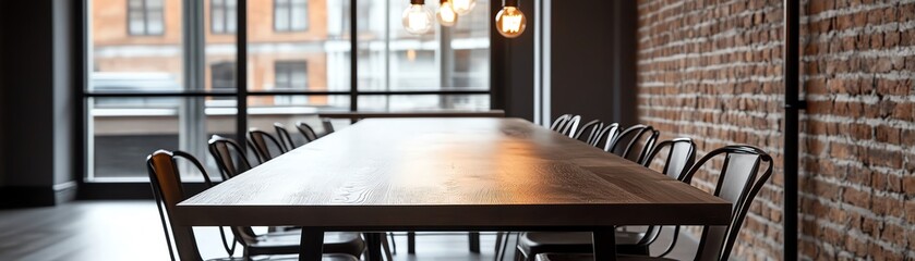 Fototapeta premium Industrial Dining Space A dining area with exposed brick walls, metal chairs, and a long polished wood table Hanging Edison bulbs add a warm glow