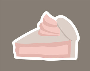 Cozy autumn sticker. Slice of cake with pink glaze. Autumn and fall season. Dessert and delicacy. Graphic element for website. Flat vector illustration