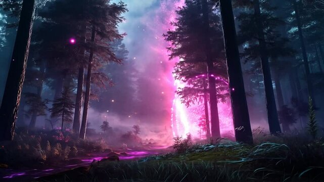 Mystical forest illuminated by vibrant pink and purple glowing light, surreal and enchanting landscape scene, magical atmosphere with dense trees and ethereal energy