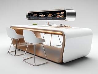 Nanotech Dining Table A hightech dining room where the table and chairs morph to fit the guests needs Holographic displays project personalized menus