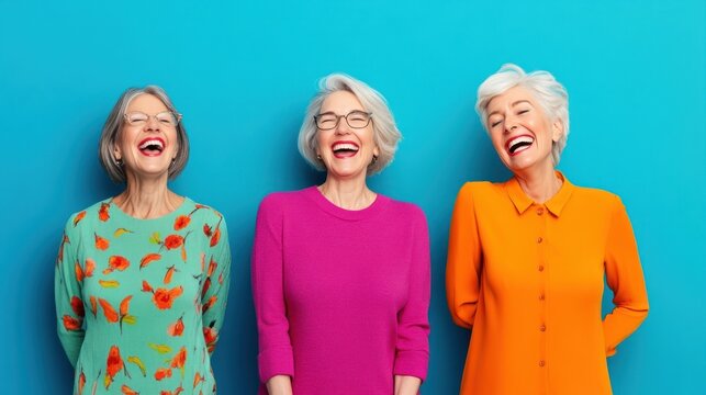 Three elderly women laughing against a bright backdrop