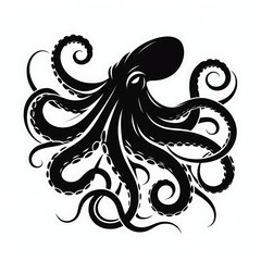 Fototapeta premium Black silhouette of an octopus with flowing tentacles.