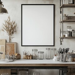 Blank Frame Mockup In Room Interior. 3d Illustration. Mock up concept.