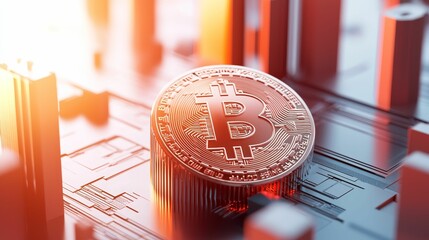 metaverse virtual world economy concept, A shiny Bitcoin sits prominently on a circuit board, symbolizing the intersection of cryptocurrency and technology in a digital landscape.