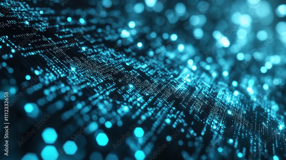 Poster abstract blue background with glowing particles representing data flow.
