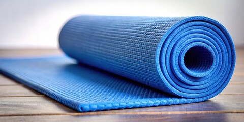 Rolled-up blue yoga mat ready for practice , exercise, fitness, wellness, health, sport, equipment, accessory, gym
