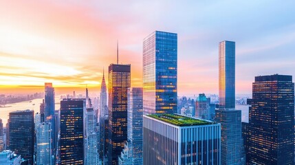 Obraz premium Modern skyline at sunset with vibrant colors and high-rise buildings.