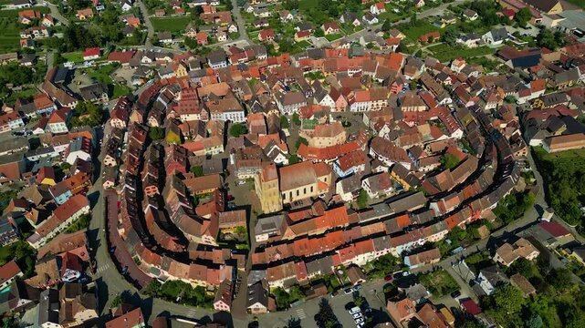 Aerial View on Eguisheim, Alsace, France, flying forwards