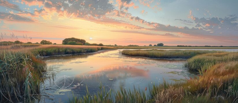 Stunning panoramic view of a serene marsh wetland landscape with a tranquil lake or pond reflecting the breathtaking colors of the dramatic sunset sky