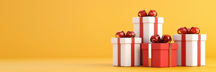 Stack of red and white gifts with red bows on yellow background.