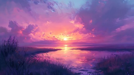 Purple Sunset Over a Calm Lake