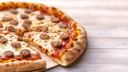 Delicious pizza with spicy sausage on a wooden table.