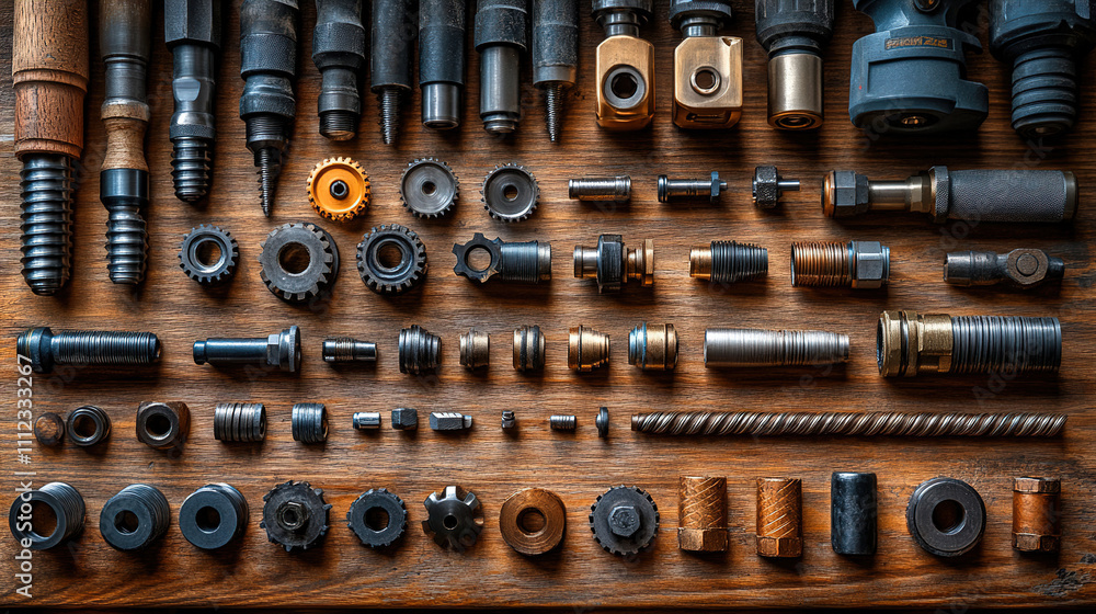 Poster various metal components and fasteners displayed on a wooden surface in a workshop setting. generati