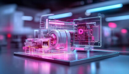 A futuristic, transparent computer component illuminated with pink and blue lights, showcasing intricate technology and design in a high-tech environment.