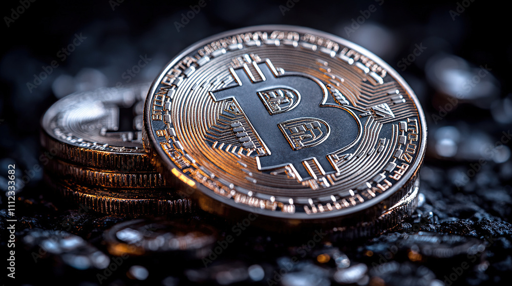 Aufkleber cryptocurrency coins reflecting light, creating an eye-catching display on a dark surface with scatt