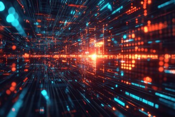 Abstract tunnel with glowing lines and particles in blue and orange hues.