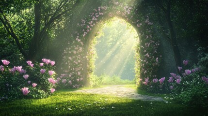  Enchanting garden archway adorned with blooming flowers and sunlight filtering trees.