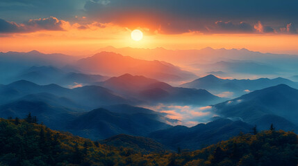 Fototapeta premium A breathtaking view of a sunrise casting warm hues over misty mountain layers in a tranquil atmosphere
