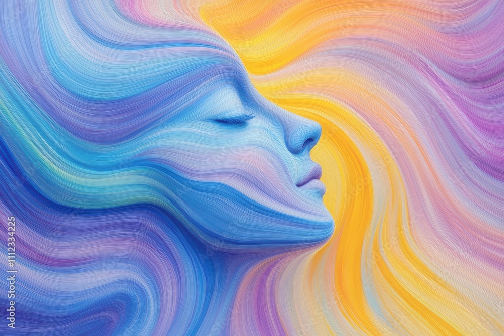 Poster abstract a colorful profile of a serene face with flowing lines.