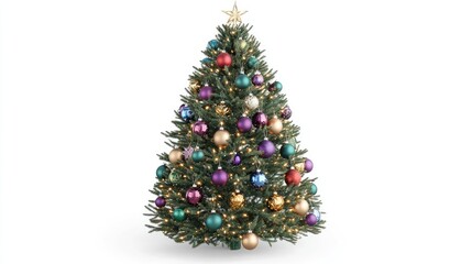 A beautifully decorated Christmas tree adorned with colorful ornaments and twinkling LED lights against a white background.