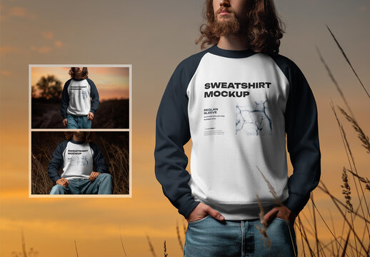 3 Mockups of Men's Raglan Sleeve Sweatshirt