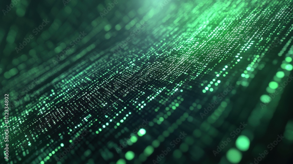 Poster abstract representation of glowing green data streams in a landscape.