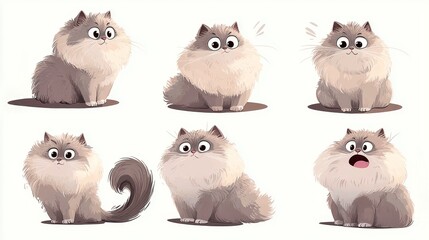 Cartoon Fluffy Persian Cat Poses and Expressions in Sprite Sheet