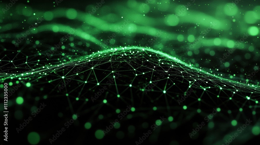 Aufkleber abstract green waves with glowing nodes and lines representing technology.