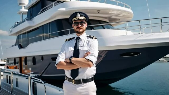 Experienced captain stands confidently on luxury yacht in sunny marina