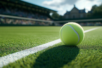 A close-up of a yellow tennis ball resting on a grass tennis court, with a blurred stadium and spectators in the background under a sunny sky