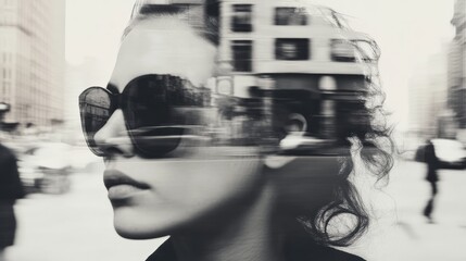 woman in a big city, black and white photograph of a man against the backdrop of a metropolis. urban modern portrait