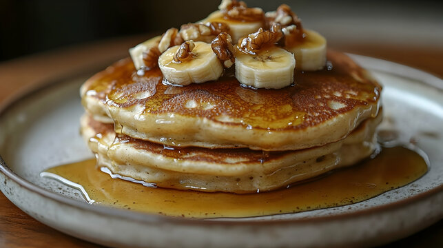 A stack of fluffy pancakes topped with banana slices, walnuts, and golden syrup on a wooden plate