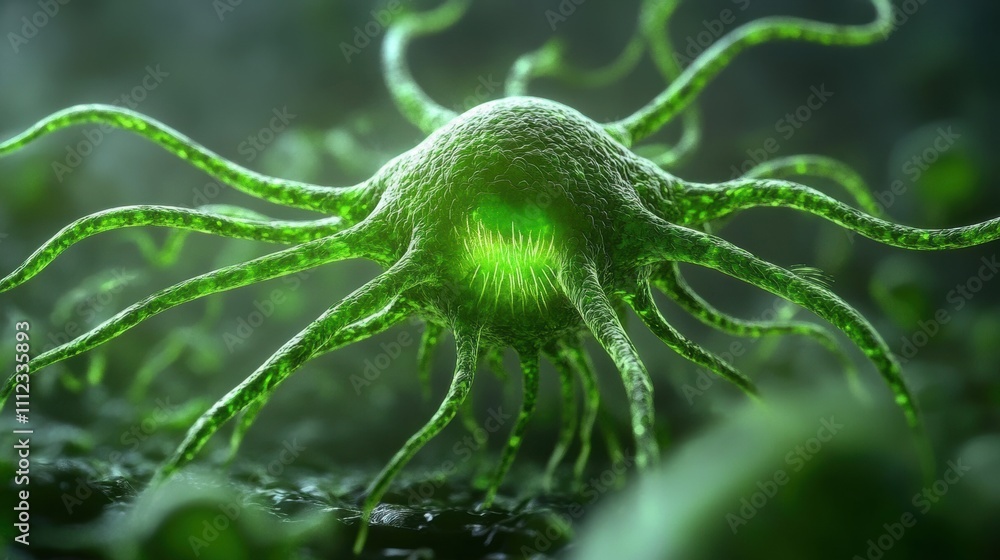 Aufkleber a vivid green cellular structure with tentacle-like extensions in a misty environment.