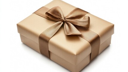 Obraz premium A close-up of a beautifully wrapped gift with a satin ribbon, set against a white backdrop.