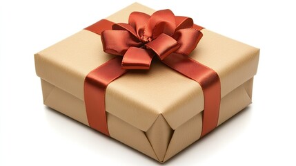 Obraz premium A close-up of a beautifully wrapped gift with a satin ribbon, set against a white backdrop.