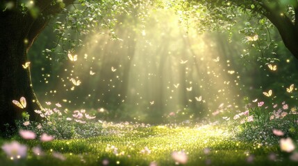  Magical forest with sunlight filtering trees and butterflies dancing flowers.