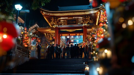 Fototapeta premium Night view of a traditional Japanese temple, ornate archway, many people ascending steps, f