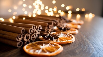 Cinnamon sticks and dried oranges with warm festive glow