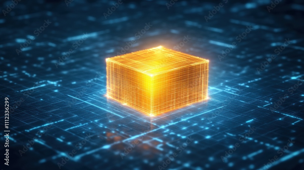Aufkleber digital glowing cube on a tech background, representing innovation and technology.