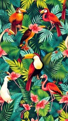 Vibrant seamless pattern featuring tropical animals such as monkeys, toucans, and flamingos, colorful, design