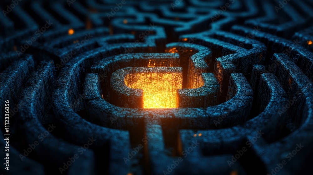 Poster intricate maze structure illuminated by warm glow, symbolizing challenges and solutions.
