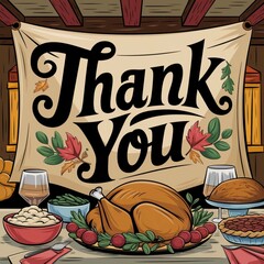 Thanksgiving dinner scene with the words "we're grateful for you!"
