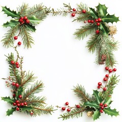 Merry Christmas nature border, fir and holly, detailed seasonal design, white backdrop.