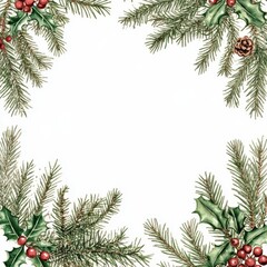 Merry Christmas nature border, fir and holly, detailed seasonal design, white backdrop.