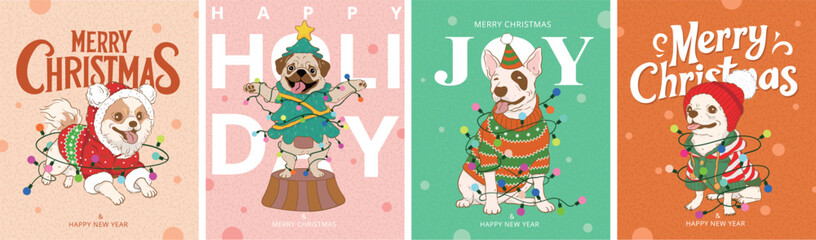 Set of Merry christmas and happy new year Greeting Card, poster Template. Cute cartoon dogs in Christmas Costumes with Christmas lights