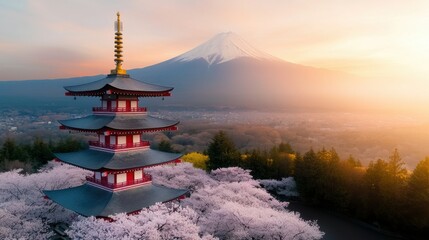 Beautiful Aerial View of Chureito Pagoda and Cherry Blossoms